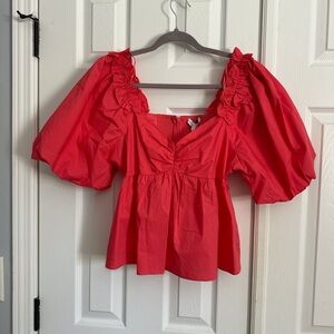 Coral Puff-Sleeve Peasant Top - Women's Fashion